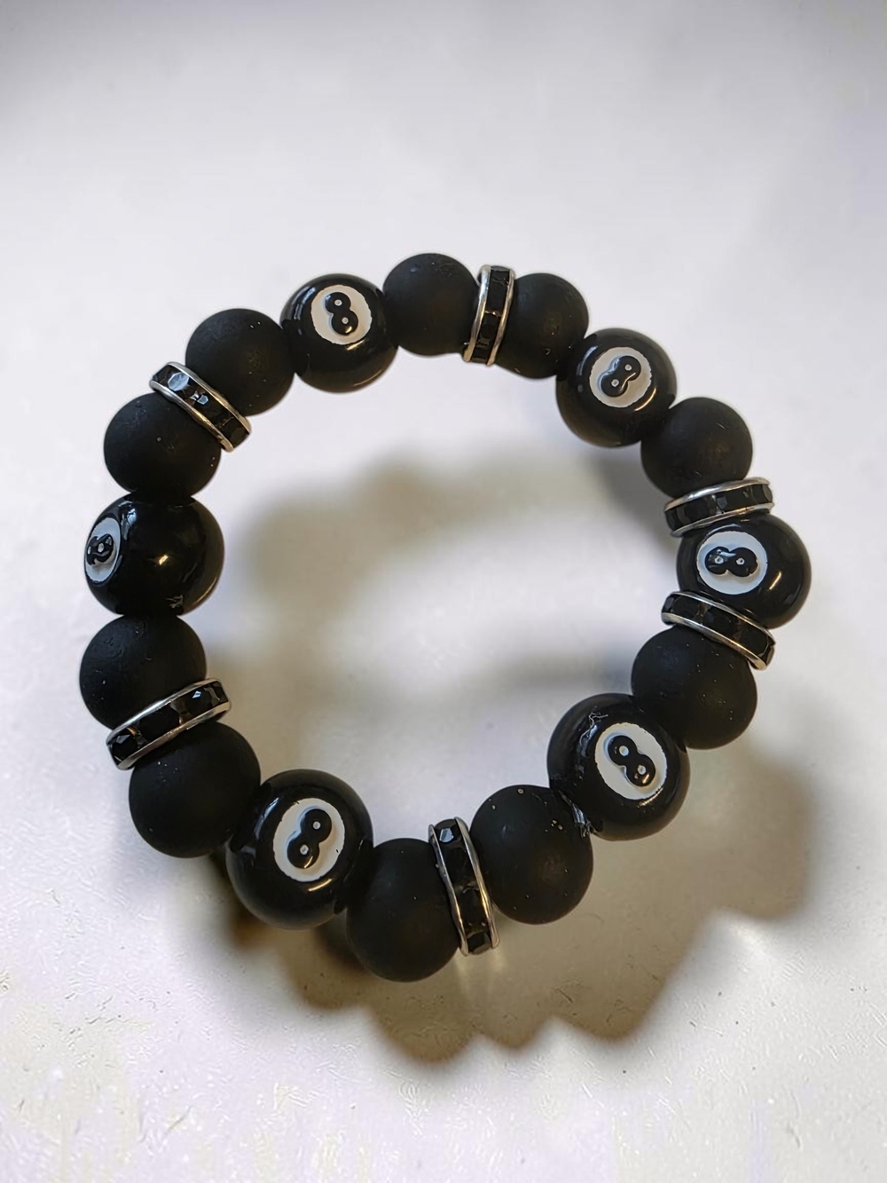 Handcrafted Black Agate 8 Ball Billiards Stretch Bracelet